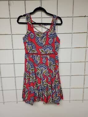 Maurices Red Blue Floral Skater Dress Tiered Lattice Lace Up Back  Sundress XS